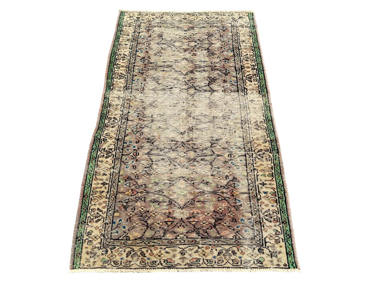 El Dokuma Eskitme Isparta Halısı 110x193 Kahve Yeşil Vıntage Halı