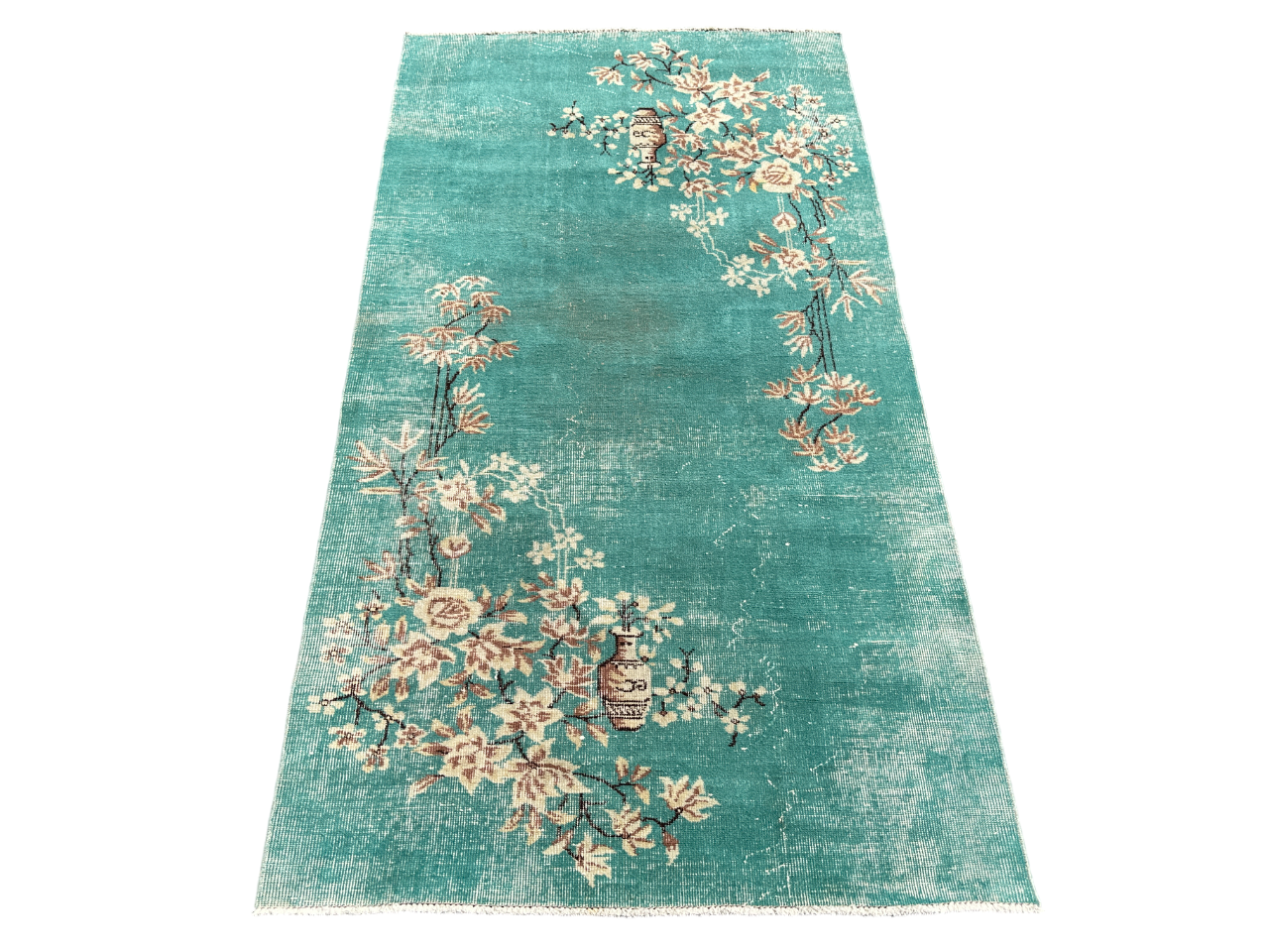 Dekoratif Turkuaz Ofis Halısı 116x214 El Dokuma Eskitme Vıntage