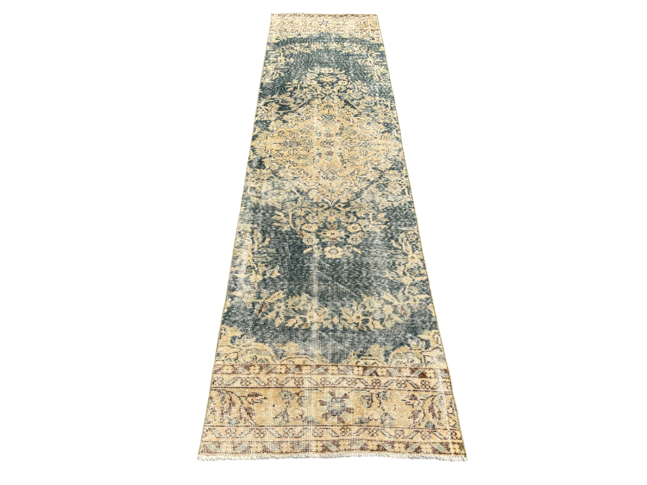 El Dokuma Vintage Su Yeşili Yolluk 80x315 Eskitme 3 Metre Halı