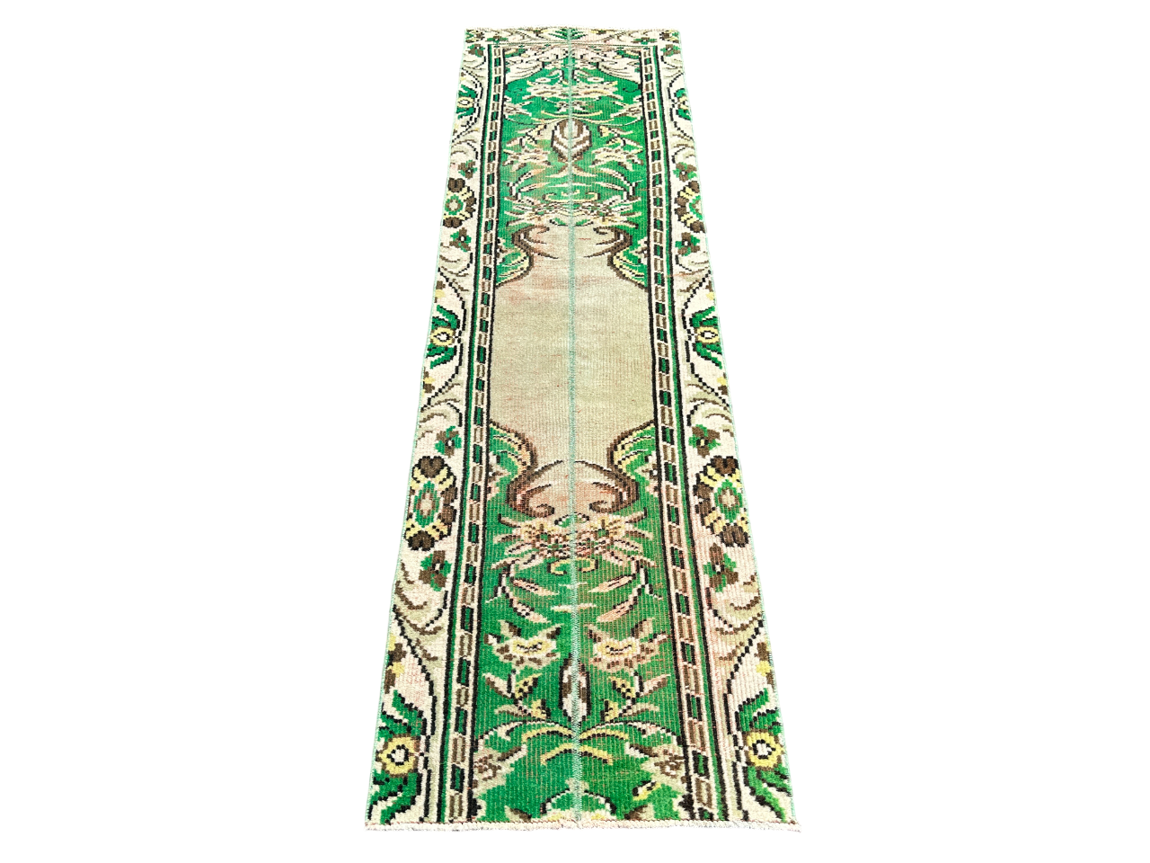 El Dokuma Isparta Halısı 72x250 Eskitme Yeşil Yolluk %100 Yün