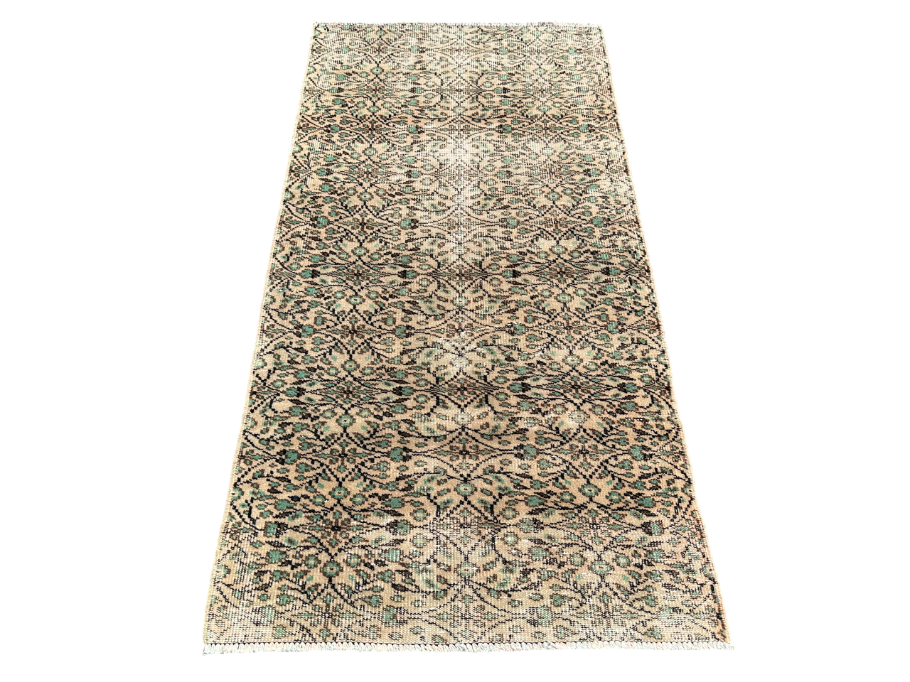 El Dokuma Eskitme %100 Yün Halı 100x192 Yeşil Krem Dekoratif Halı