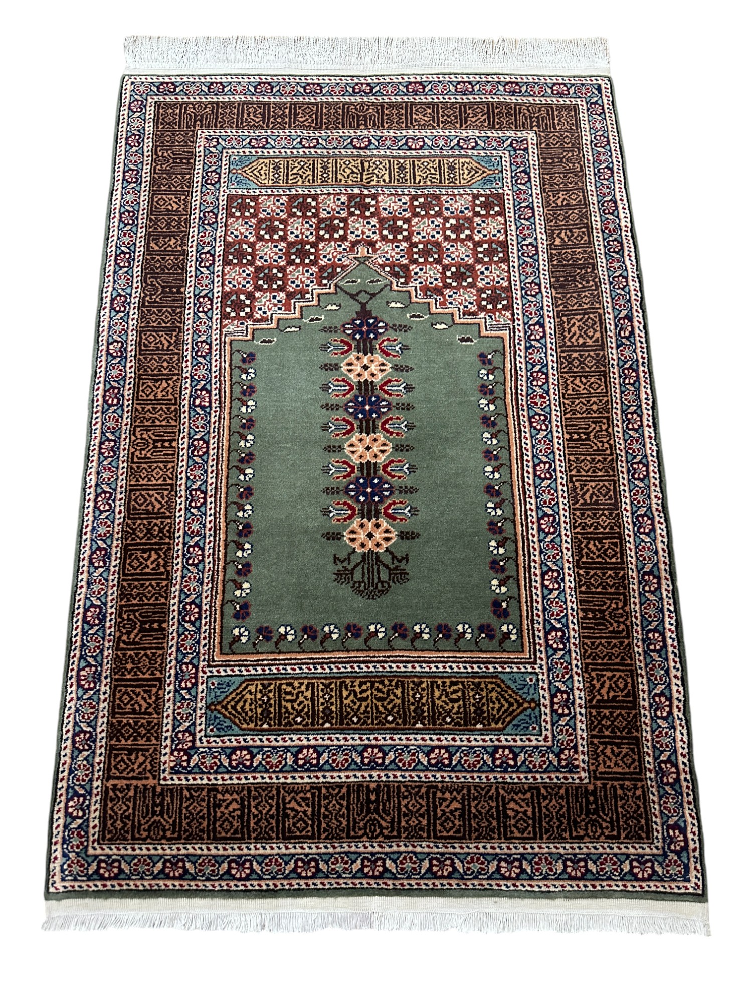 El Dokuma Bünyan Halısı Namazlık 92x140 Kufi Yazılı Yeşil Seccade