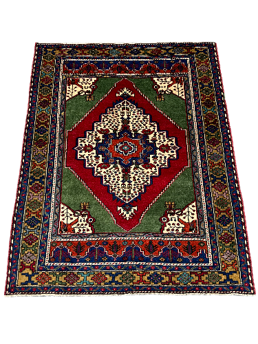 El Dokuması Taşpınar Halısı 137x150 Kare Ölçü Yeşil Kırmızı Halı